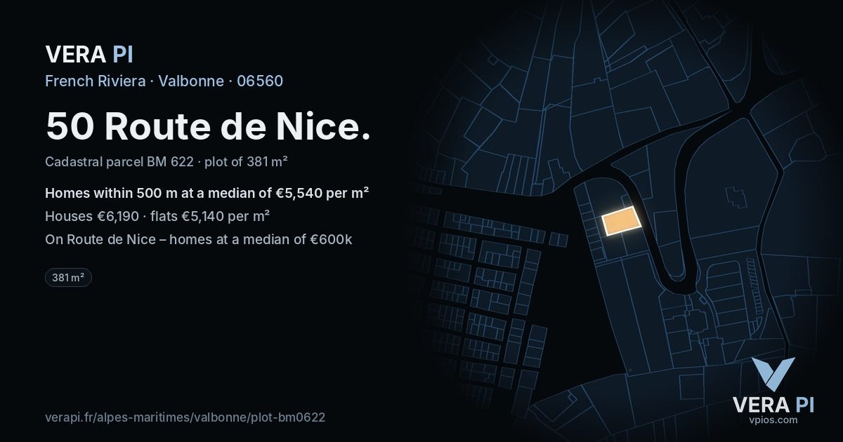 50 Route de Nice, Valbonne at night – the plot lit, the parcels around coloured by the prices near them