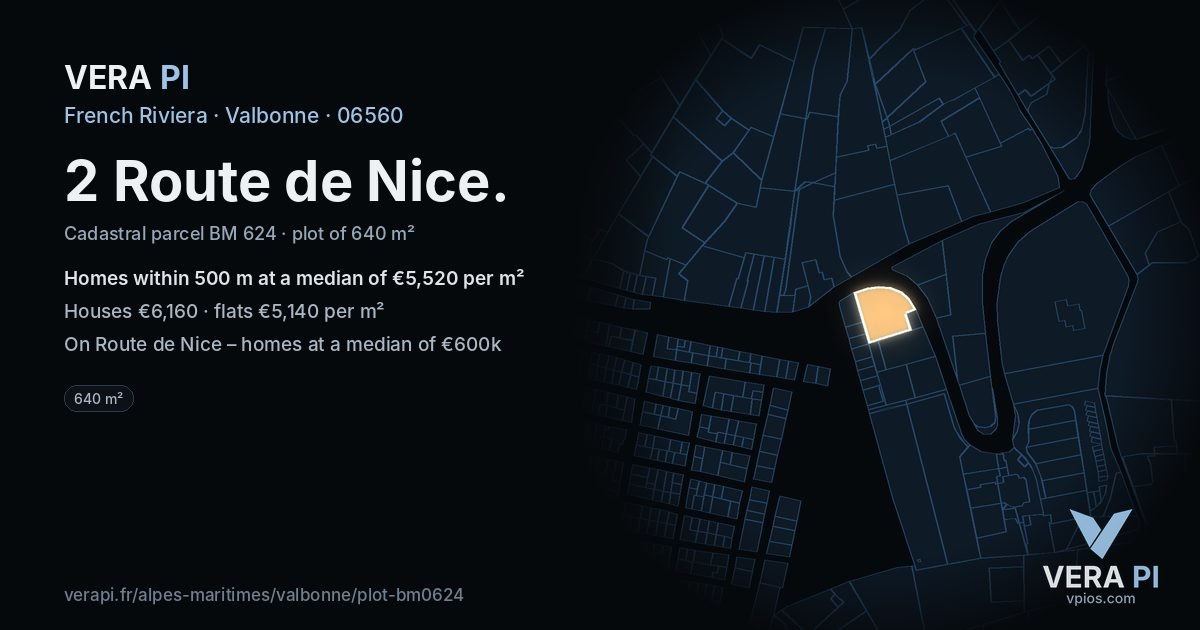 2 Route de Nice, Valbonne at night – the plot lit, the parcels around coloured by the prices near them