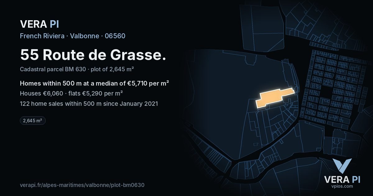 55 Route de Grasse, Valbonne at night – the plot lit, the parcels around coloured by the prices near them