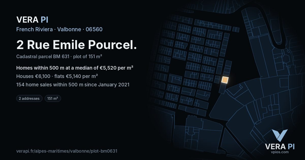 2 Rue Emile Pourcel, Valbonne at night – the plot lit, the parcels around coloured by the prices near them
