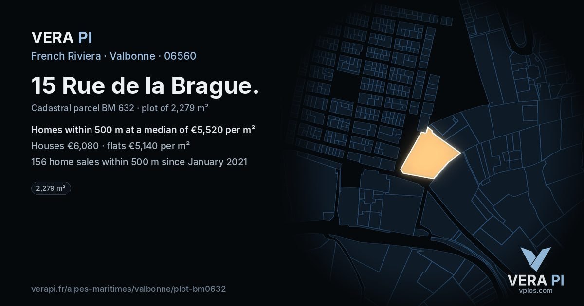 15 Rue de la Brague, Valbonne at night – the plot lit, the parcels around coloured by the prices near them