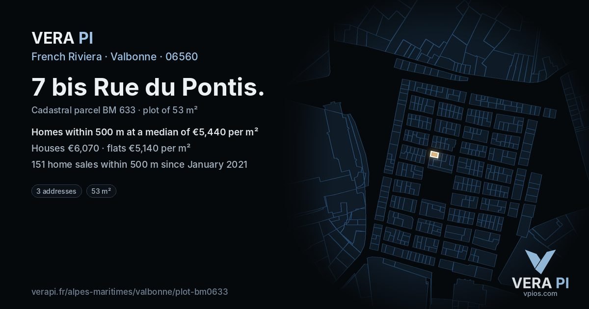 7 bis Rue du Pontis, Valbonne at night – the plot lit, the parcels around coloured by the prices near them