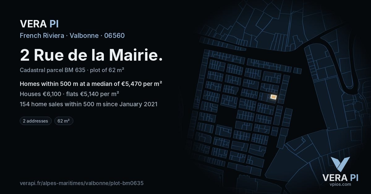 2 Rue de la Mairie, Valbonne at night – the plot lit, the parcels around coloured by the prices near them
