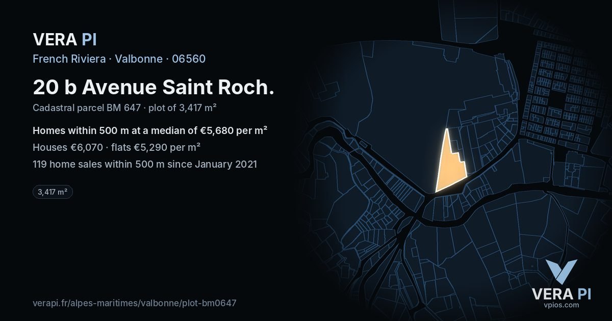 20 b Avenue Saint Roch, Valbonne at night – the plot lit, the parcels around coloured by the prices near them