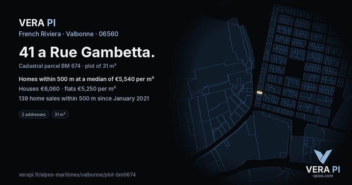 41 a Rue Gambetta, Valbonne at night – the plot lit, the parcels around coloured by the prices near them