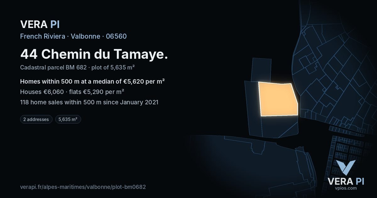 44 Chemin du Tamaye, Valbonne at night – the plot lit, the parcels around coloured by the prices near them
