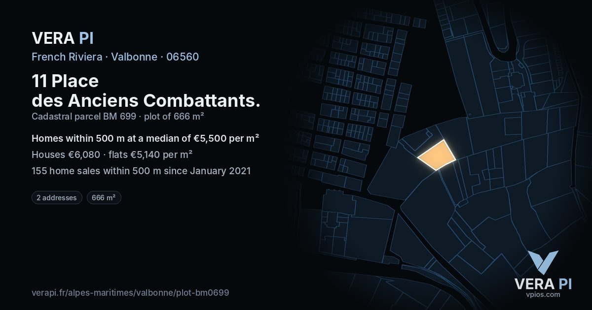 11 Place des Anciens Combattants, Valbonne at night – the plot lit, the parcels around coloured by the prices near them