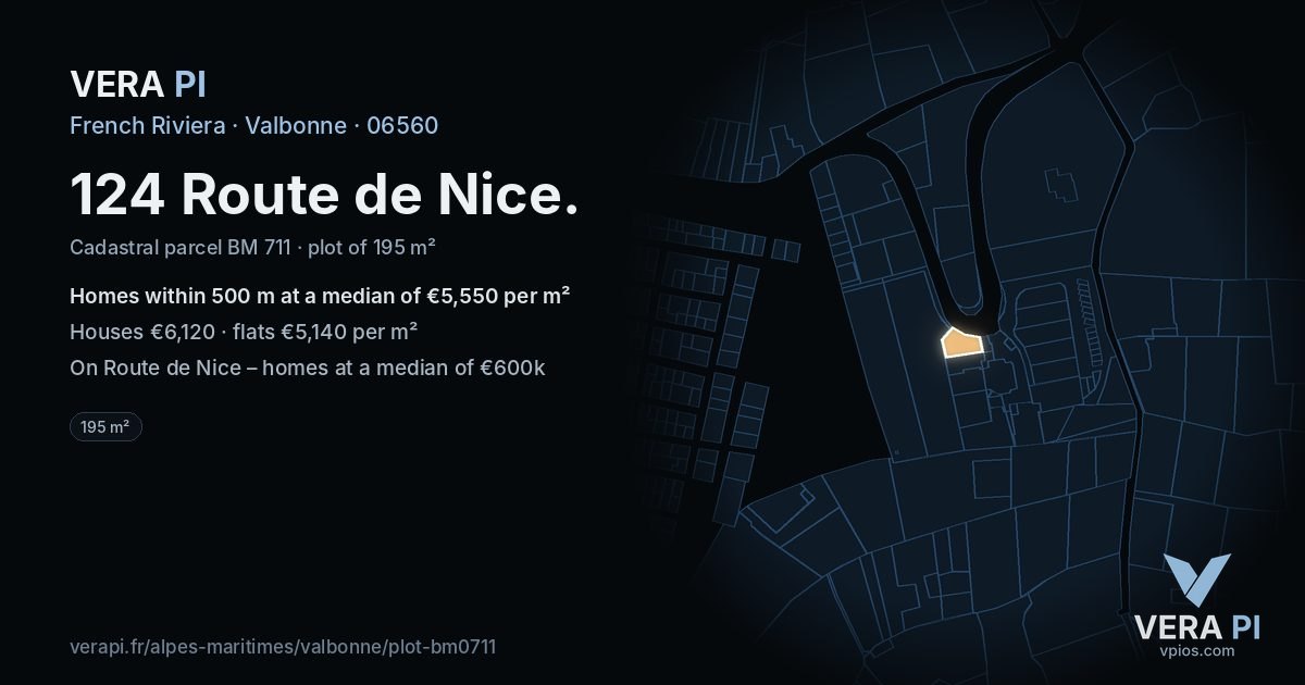 124 Route de Nice, Valbonne at night – the plot lit, the parcels around coloured by the prices near them