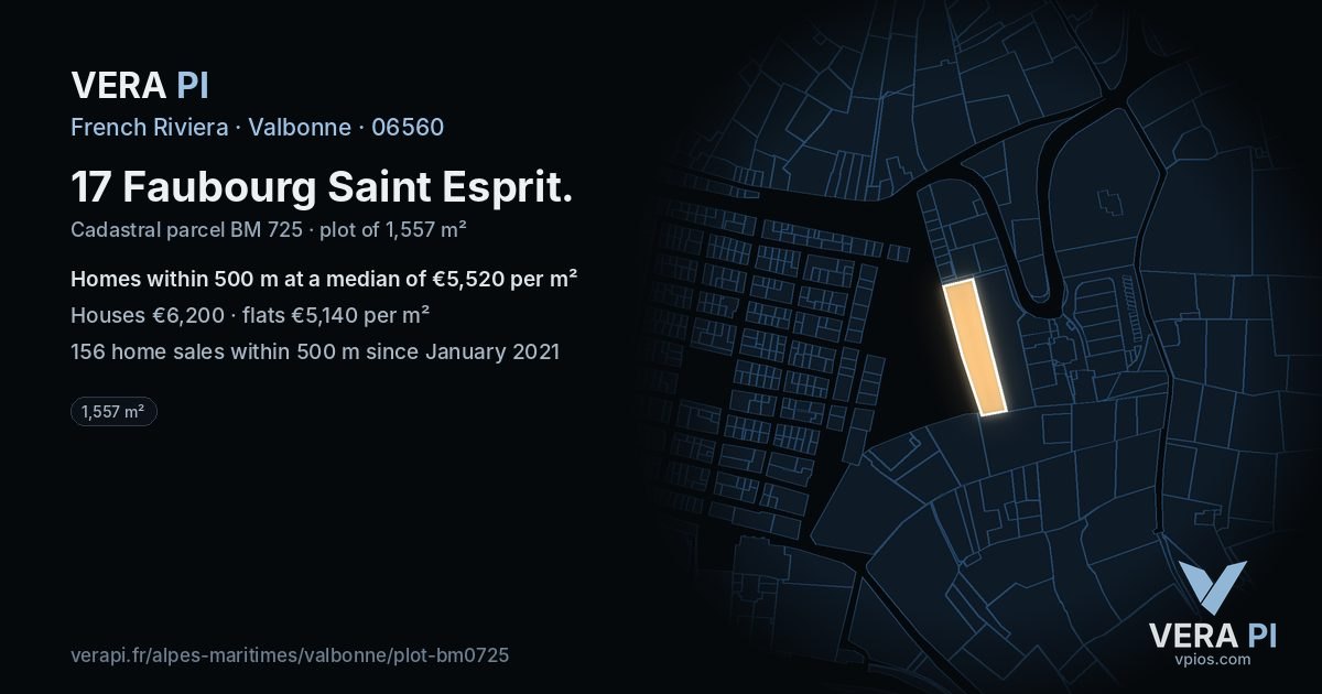 17 Faubourg Saint Esprit, Valbonne at night – the plot lit, the parcels around coloured by the prices near them