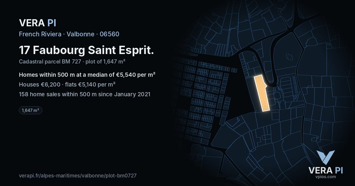 17 Faubourg Saint Esprit, Valbonne at night – the plot lit, the parcels around coloured by the prices near them