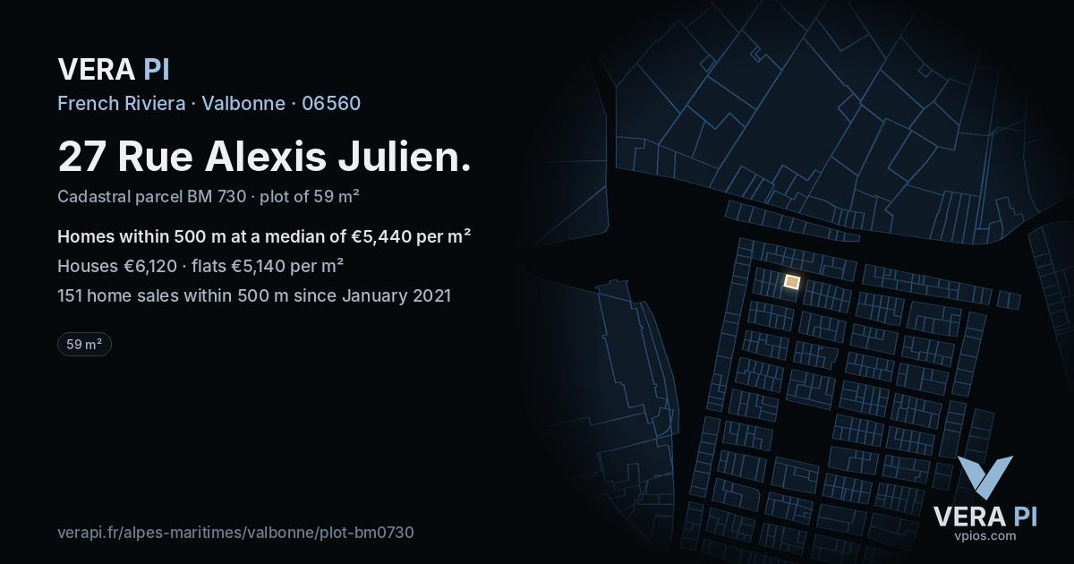 27 Rue Alexis Julien, Valbonne at night – the plot lit, the parcels around coloured by the prices near them