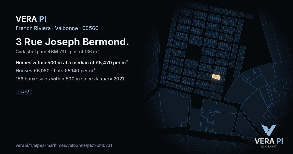 3 Rue Joseph Bermond, Valbonne at night – the plot lit, the parcels around coloured by the prices near them