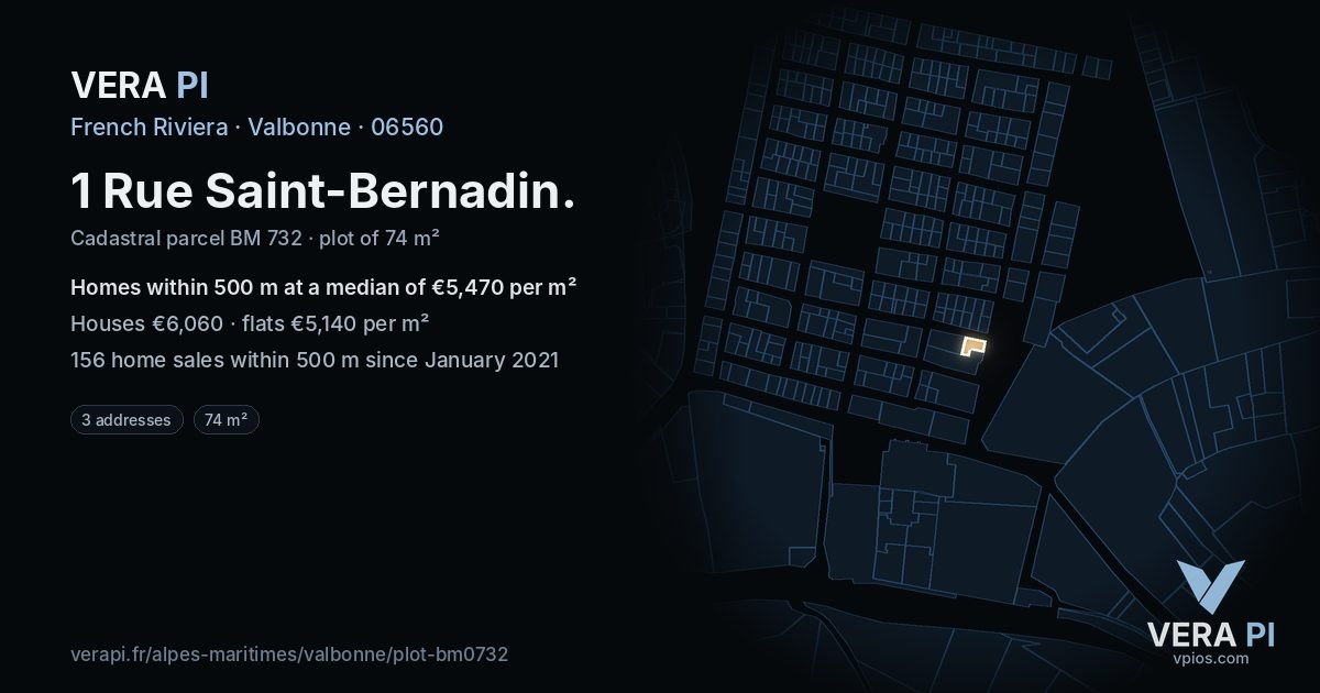 1 Rue Saint-Bernadin, Valbonne at night – the plot lit, the parcels around coloured by the prices near them