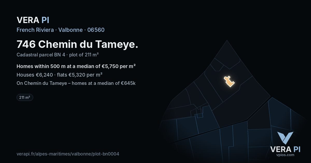 746 Chemin du Tameye, Valbonne at night – the plot lit, the parcels around coloured by the prices near them