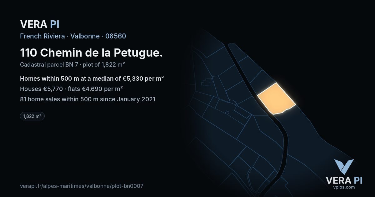 110 Chemin de la Petugue, Valbonne at night – the plot lit, the parcels around coloured by the prices near them
