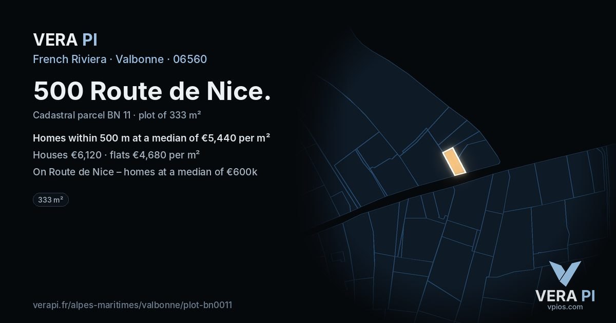 500 Route de Nice, Valbonne at night – the plot lit, the parcels around coloured by the prices near them