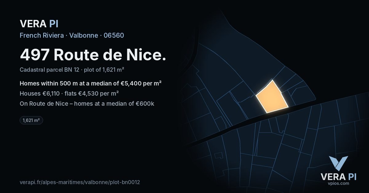 497 Route de Nice, Valbonne at night – the plot lit, the parcels around coloured by the prices near them