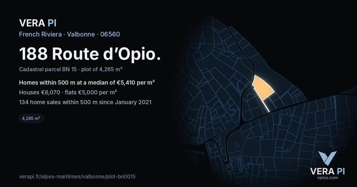 188 Route d’Opio, Valbonne at night – the plot lit, the parcels around coloured by the prices near them