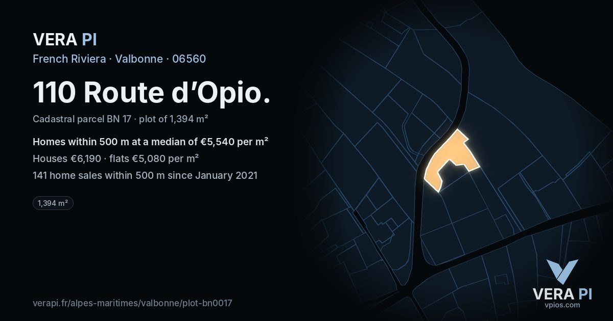 110 Route d’Opio, Valbonne at night – the plot lit, the parcels around coloured by the prices near them
