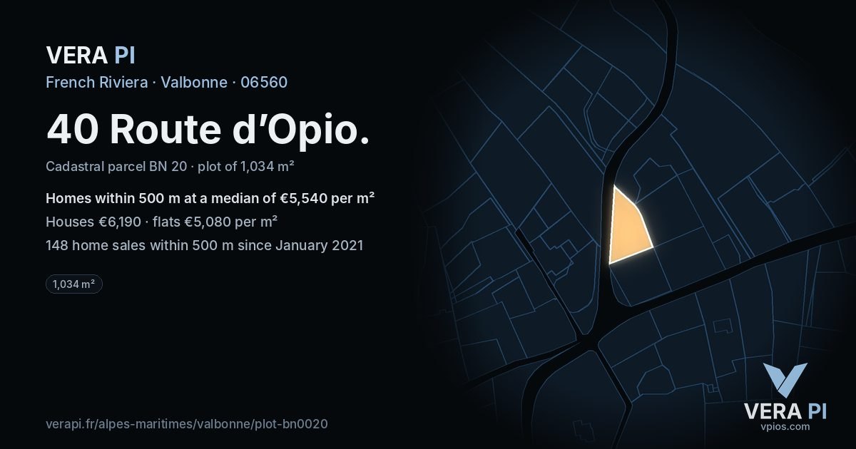 40 Route d’Opio, Valbonne at night – the plot lit, the parcels around coloured by the prices near them