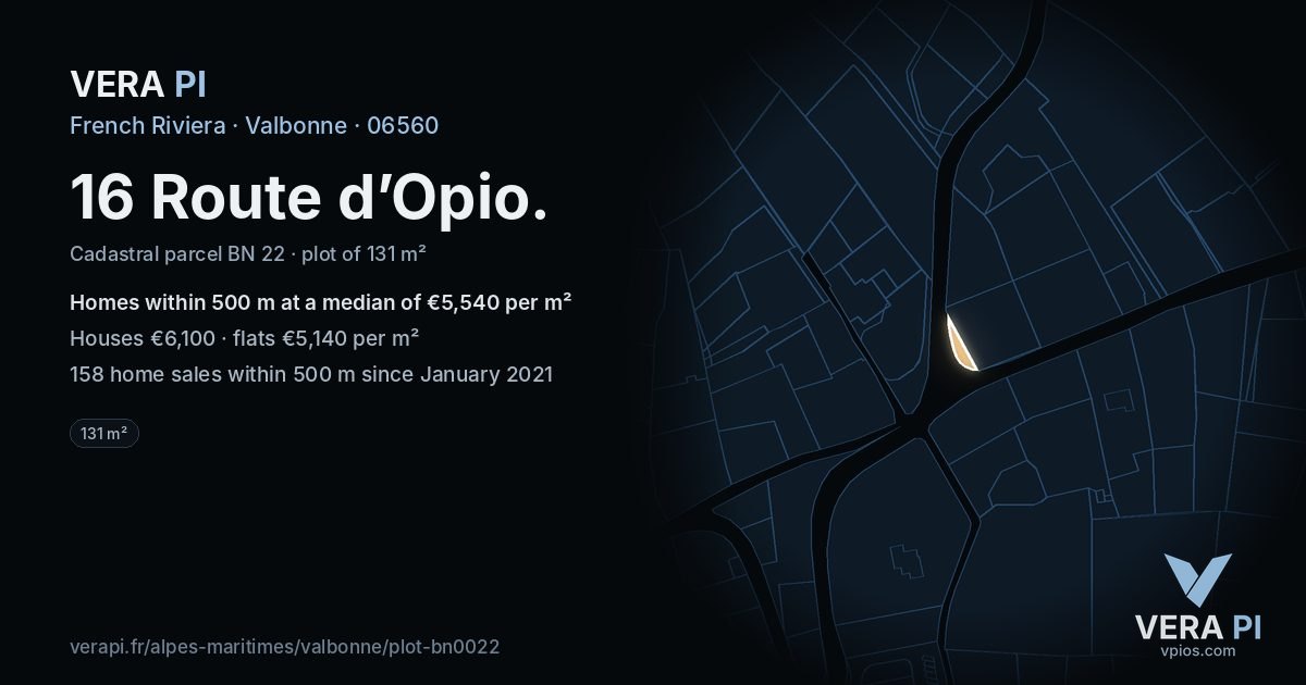 16 Route d’Opio, Valbonne at night – the plot lit, the parcels around coloured by the prices near them