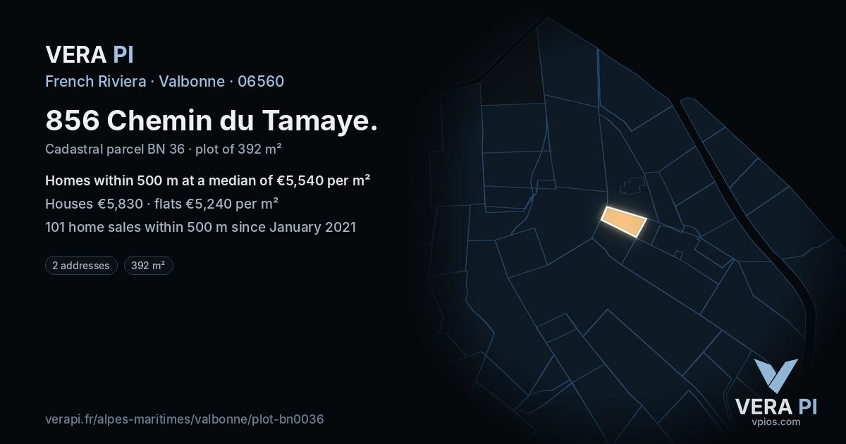 856 Chemin du Tamaye, Valbonne at night – the plot lit, the parcels around coloured by the prices near them