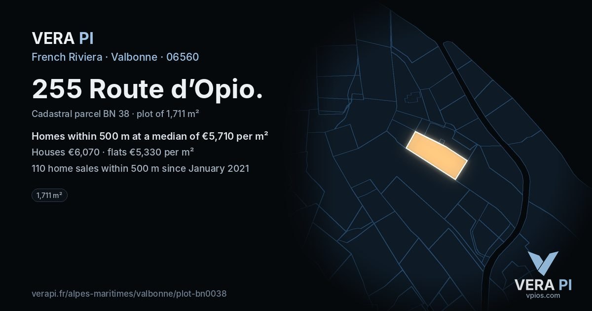 255 Route d’Opio, Valbonne at night – the plot lit, the parcels around coloured by the prices near them