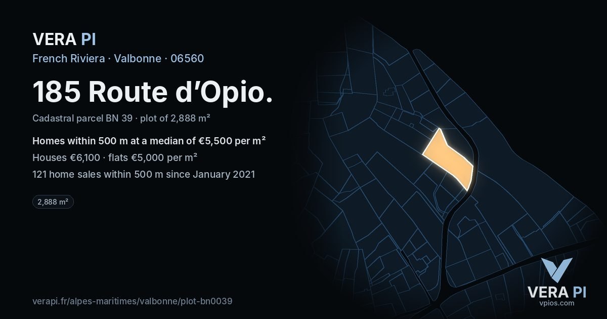 185 Route d’Opio, Valbonne at night – the plot lit, the parcels around coloured by the prices near them