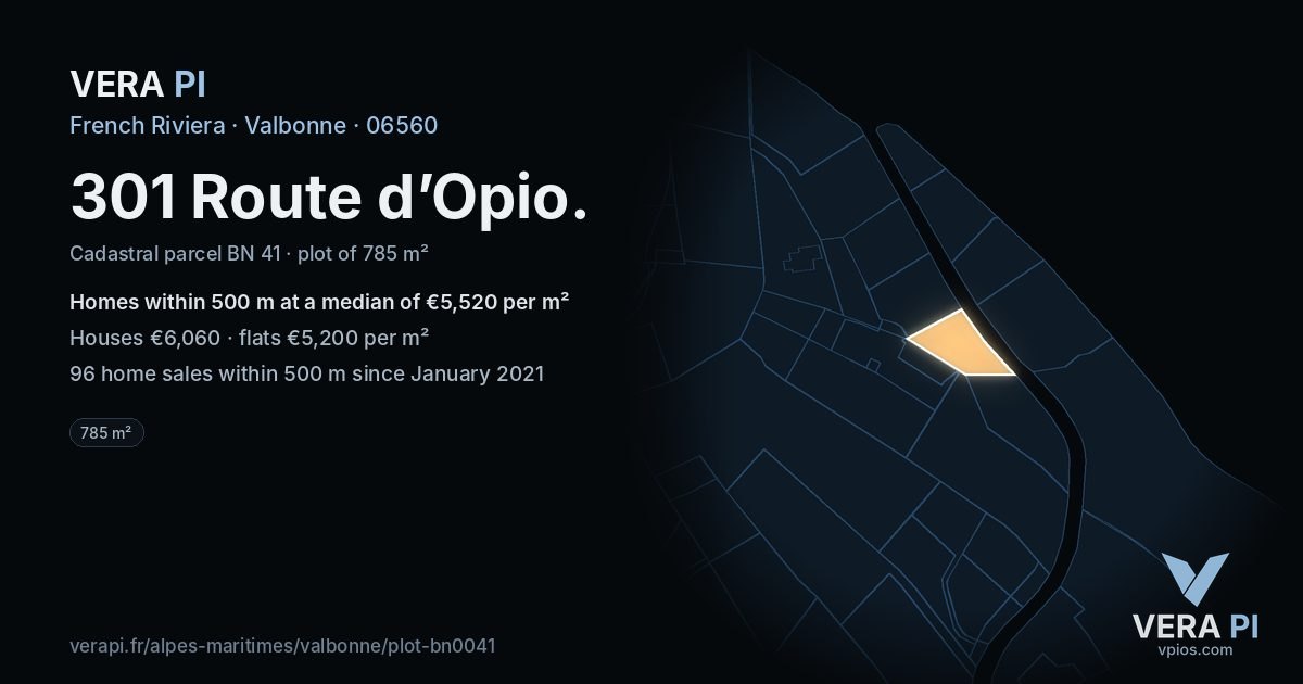301 Route d’Opio, Valbonne at night – the plot lit, the parcels around coloured by the prices near them