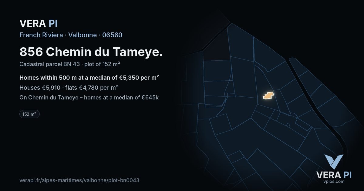 856 Chemin du Tameye, Valbonne at night – the plot lit, the parcels around coloured by the prices near them