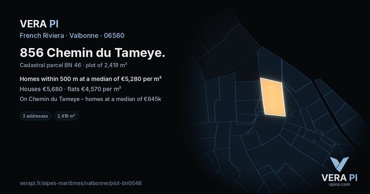 856 Chemin du Tameye, Valbonne at night – the plot lit, the parcels around coloured by the prices near them