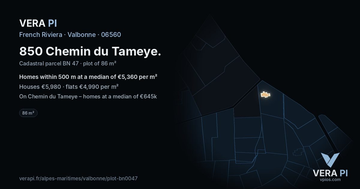 850 Chemin du Tameye, Valbonne at night – the plot lit, the parcels around coloured by the prices near them