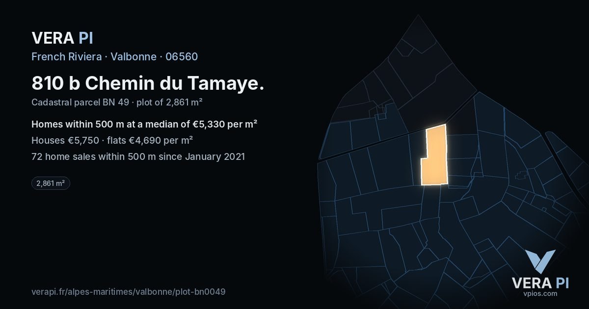810 b Chemin du Tamaye, Valbonne at night – the plot lit, the parcels around coloured by the prices near them