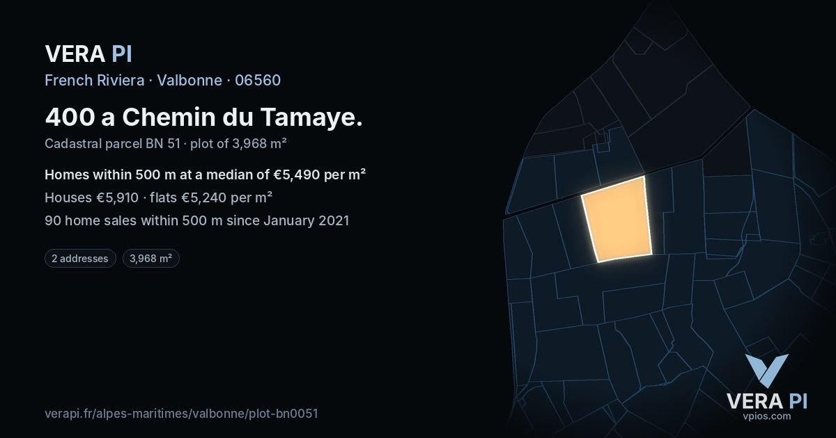 400 a Chemin du Tamaye, Valbonne at night – the plot lit, the parcels around coloured by the prices near them