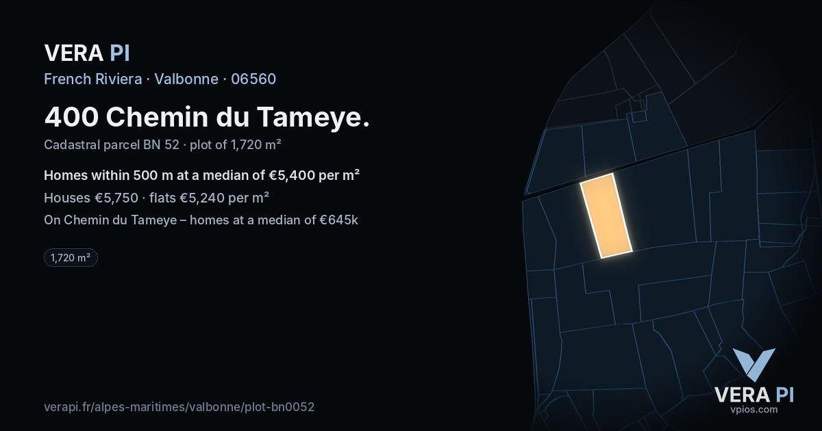 400 Chemin du Tameye, Valbonne at night – the plot lit, the parcels around coloured by the prices near them