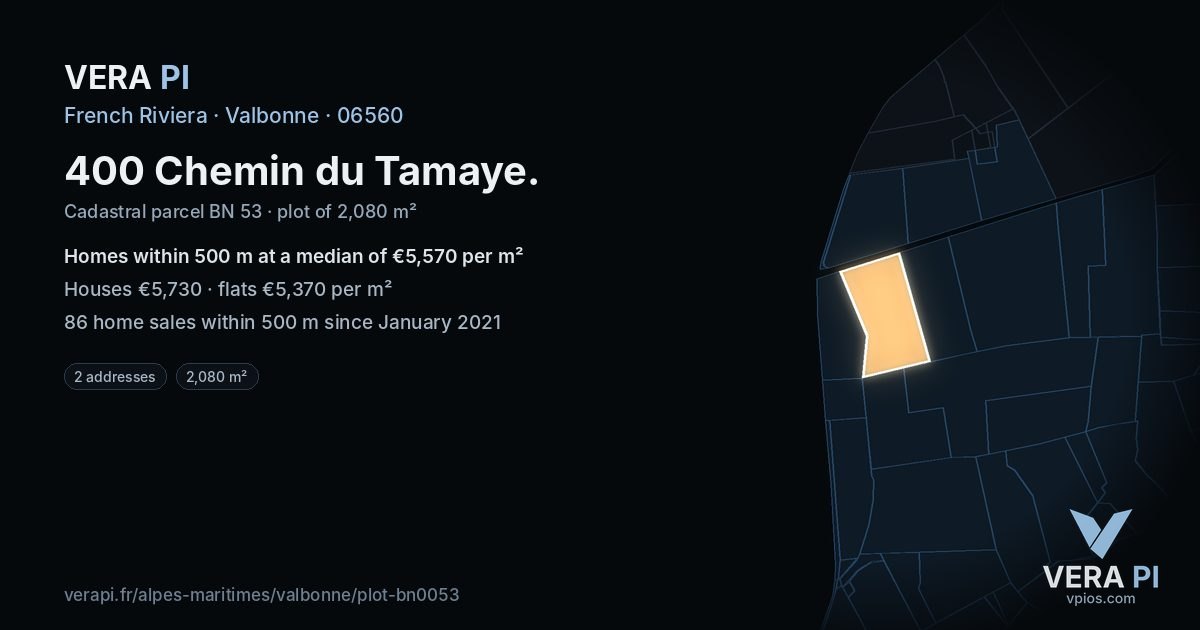 400 Chemin du Tamaye, Valbonne at night – the plot lit, the parcels around coloured by the prices near them