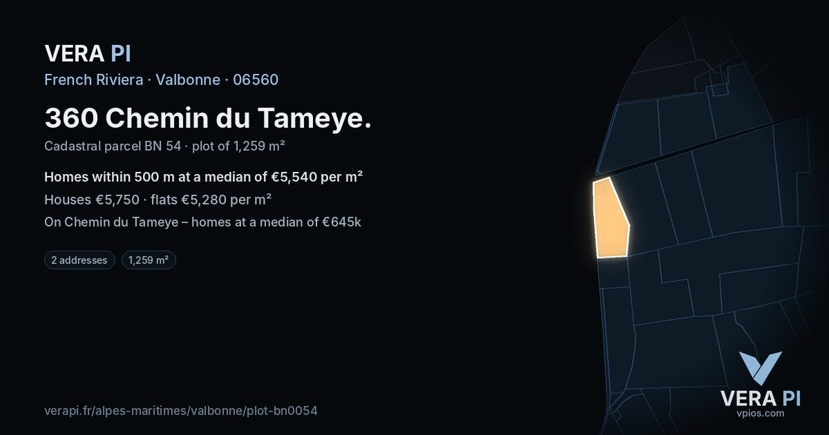 360 Chemin du Tameye, Valbonne at night – the plot lit, the parcels around coloured by the prices near them
