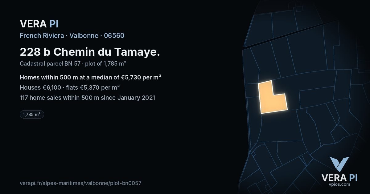 228 b Chemin du Tamaye, Valbonne at night – the plot lit, the parcels around coloured by the prices near them
