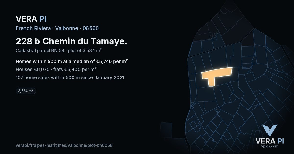 228 b Chemin du Tamaye, Valbonne at night – the plot lit, the parcels around coloured by the prices near them
