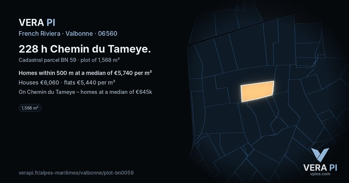 228 h Chemin du Tameye, Valbonne at night – the plot lit, the parcels around coloured by the prices near them