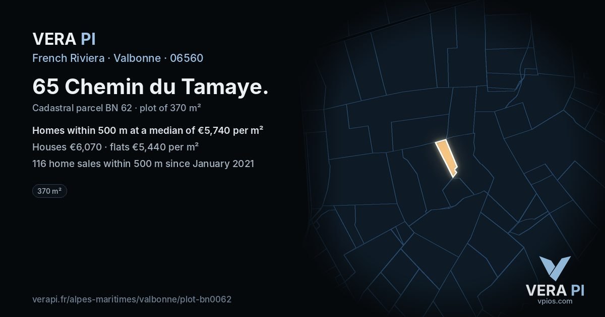 65 Chemin du Tamaye, Valbonne at night – the plot lit, the parcels around coloured by the prices near them