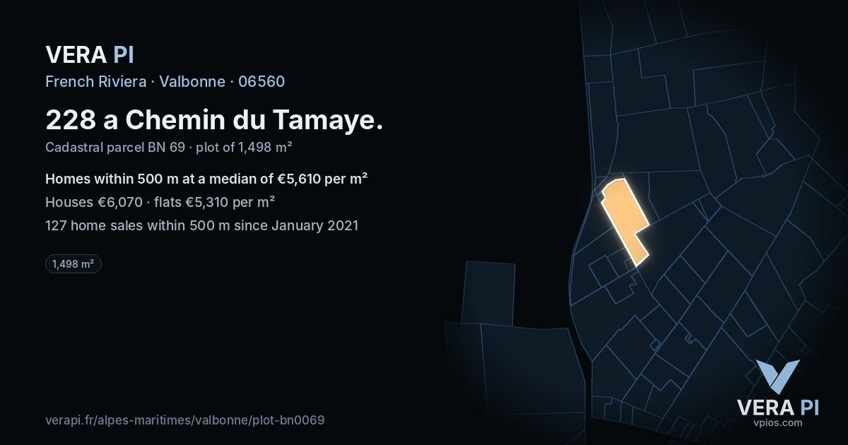 228 a Chemin du Tamaye, Valbonne at night – the plot lit, the parcels around coloured by the prices near them