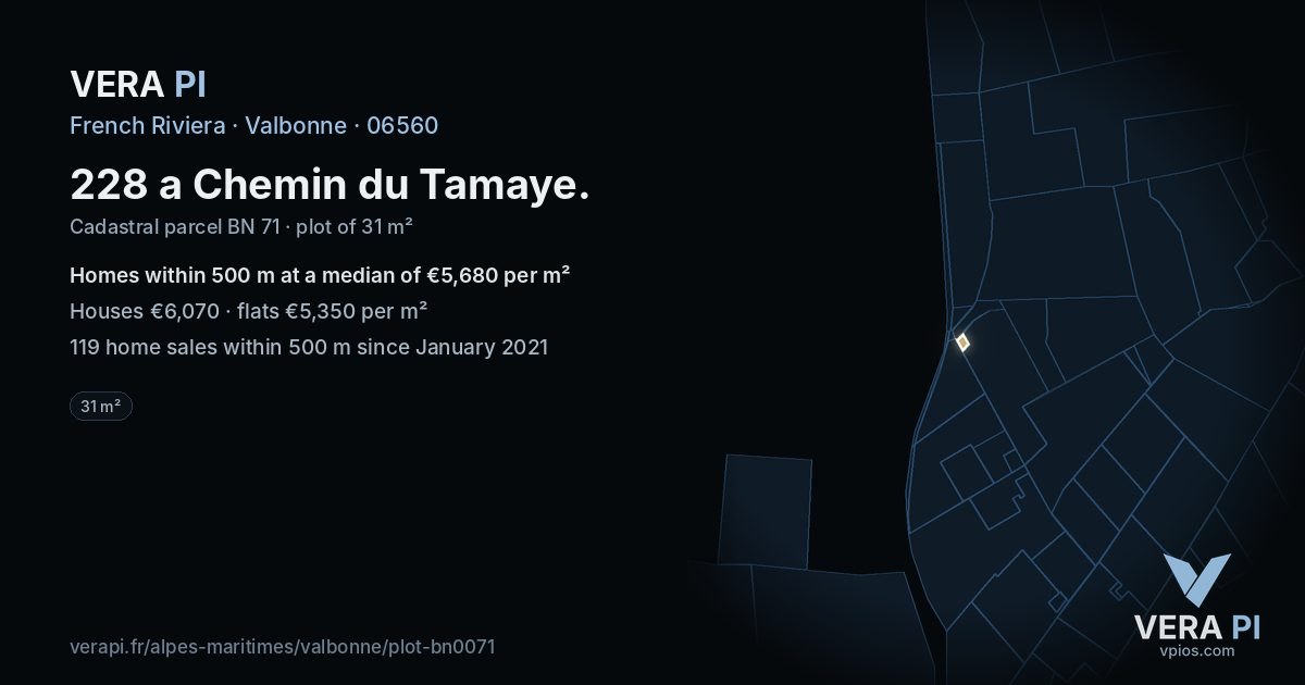 228 a Chemin du Tamaye, Valbonne at night – the plot lit, the parcels around coloured by the prices near them