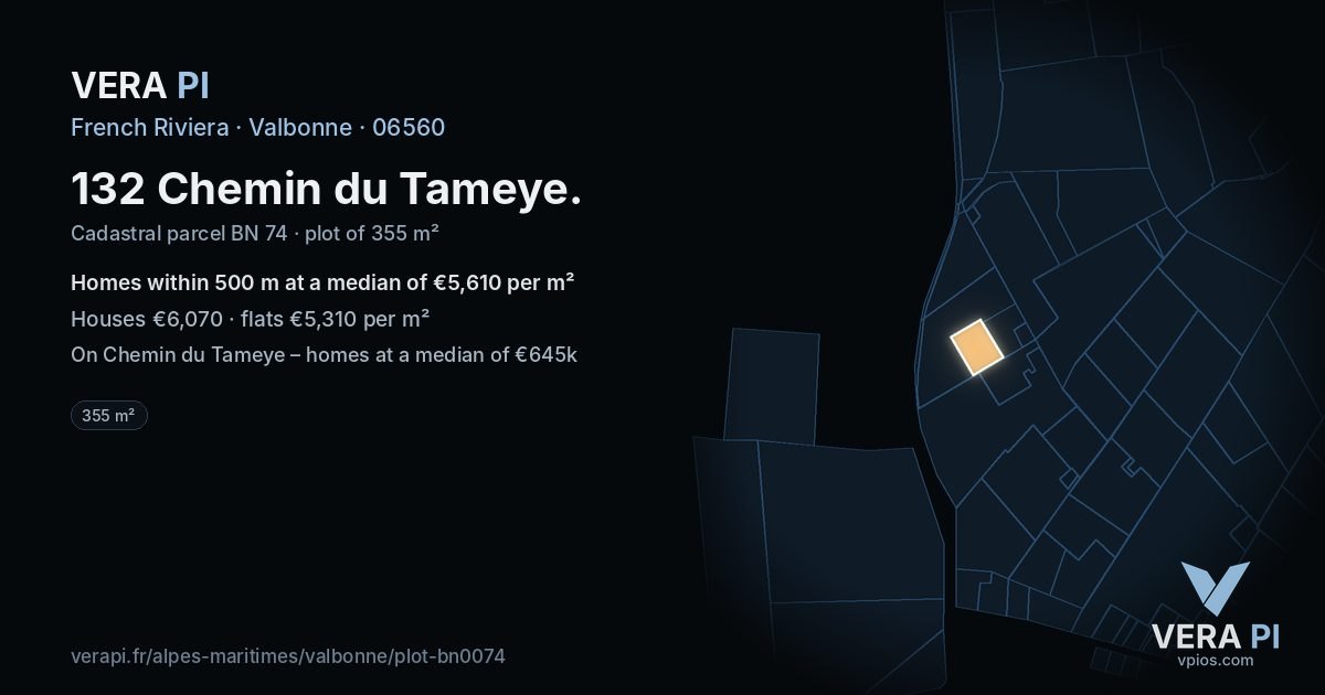 132 Chemin du Tameye, Valbonne at night – the plot lit, the parcels around coloured by the prices near them