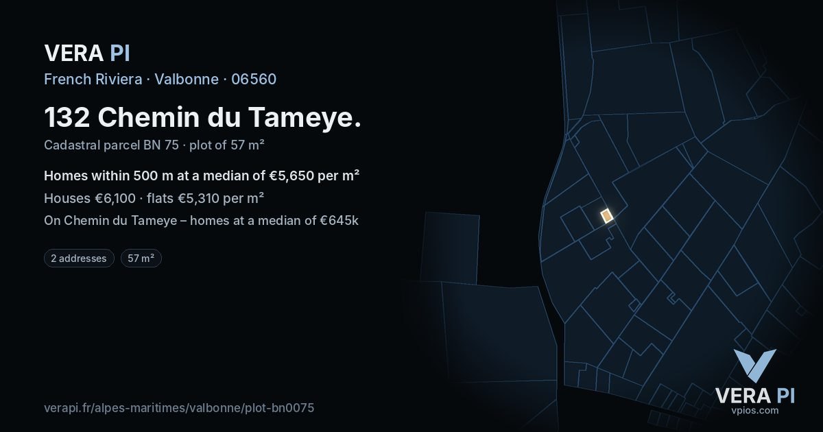 132 Chemin du Tameye, Valbonne at night – the plot lit, the parcels around coloured by the prices near them
