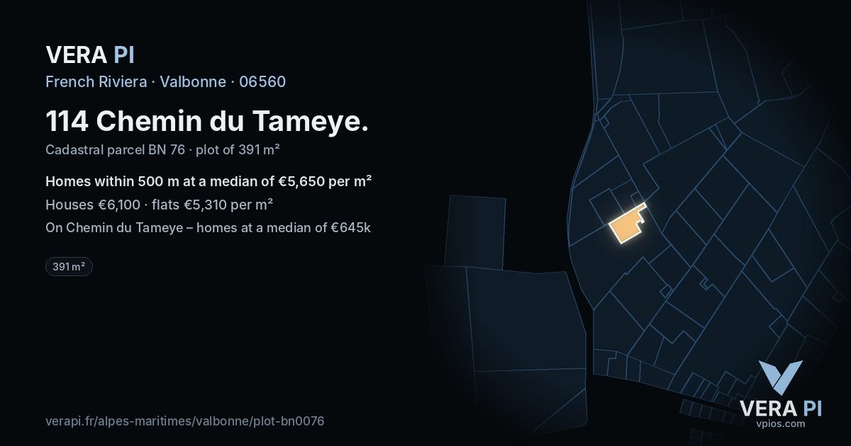 114 Chemin du Tameye, Valbonne at night – the plot lit, the parcels around coloured by the prices near them