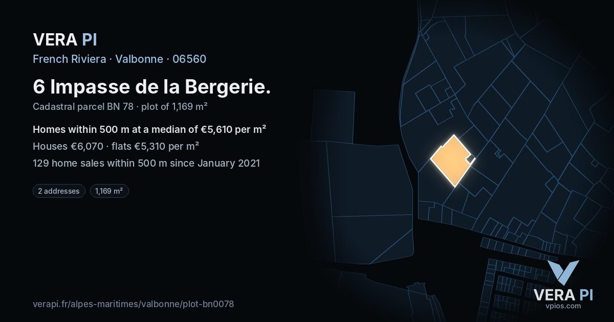 6 Impasse de la Bergerie, Valbonne at night – the plot lit, the parcels around coloured by the prices near them