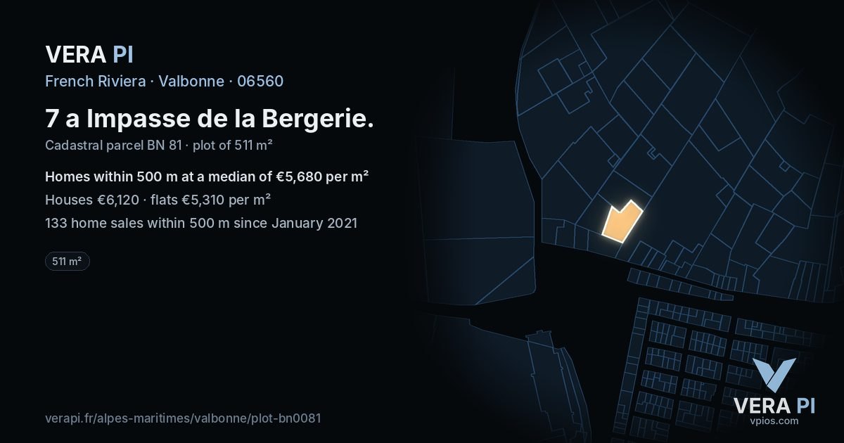 7 a Impasse de la Bergerie, Valbonne at night – the plot lit, the parcels around coloured by the prices near them