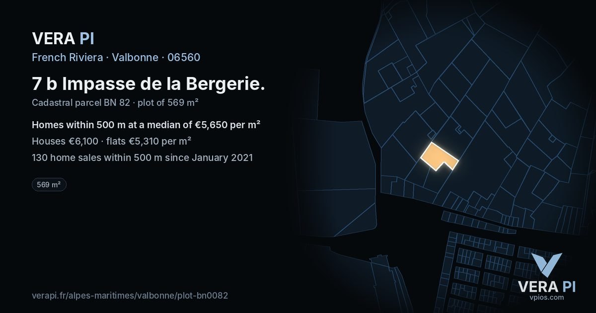 7 b Impasse de la Bergerie, Valbonne at night – the plot lit, the parcels around coloured by the prices near them