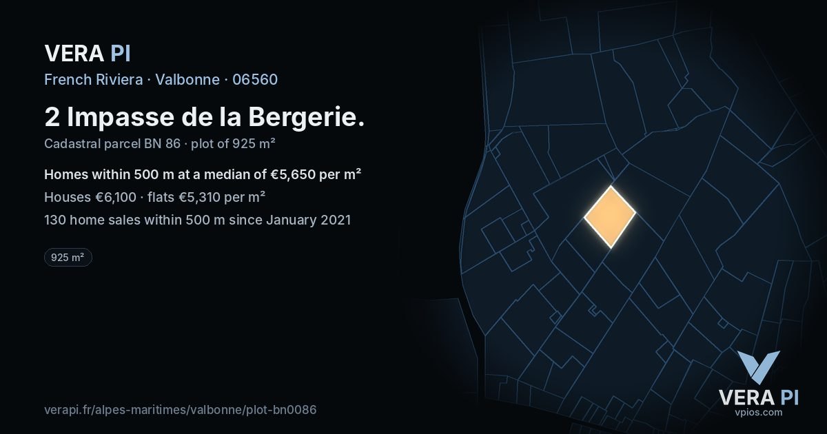 2 Impasse de la Bergerie, Valbonne at night – the plot lit, the parcels around coloured by the prices near them